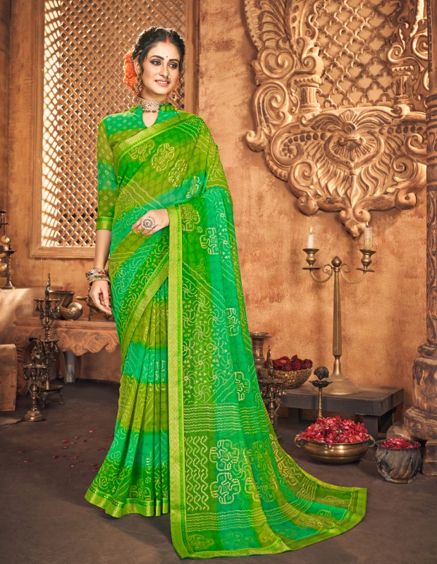Parrot Green coloured georgette bandhej saree