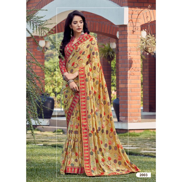 Beige coloured georgette saree with digital printed blouse