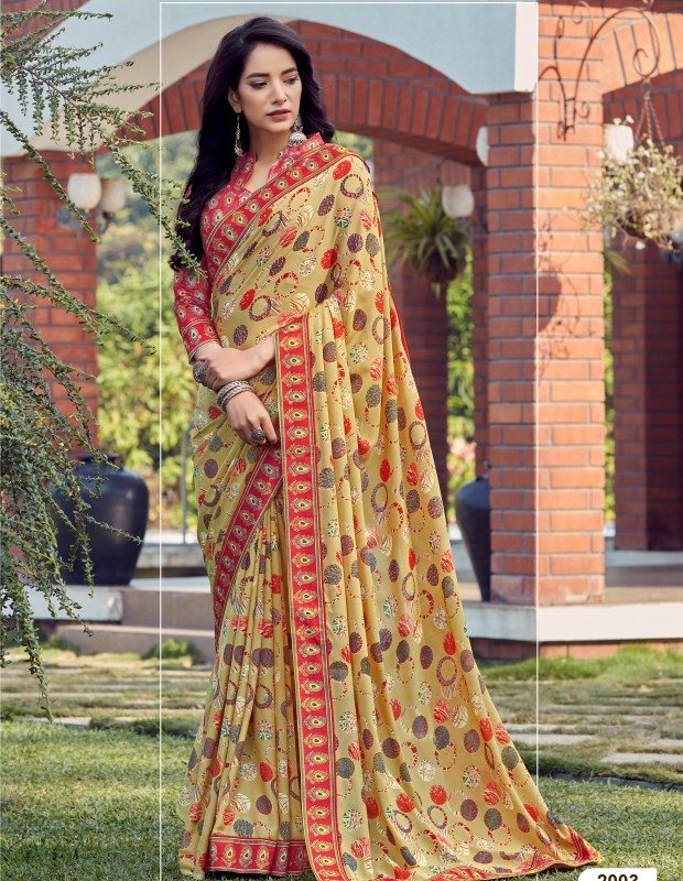 Beige coloured georgette saree with digital printed blouse