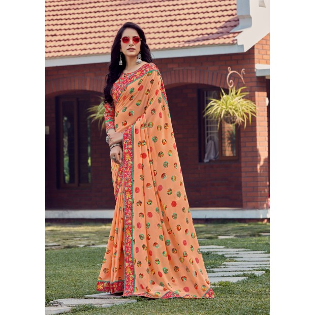 Peach coloured georgette saree with digital printed blouse