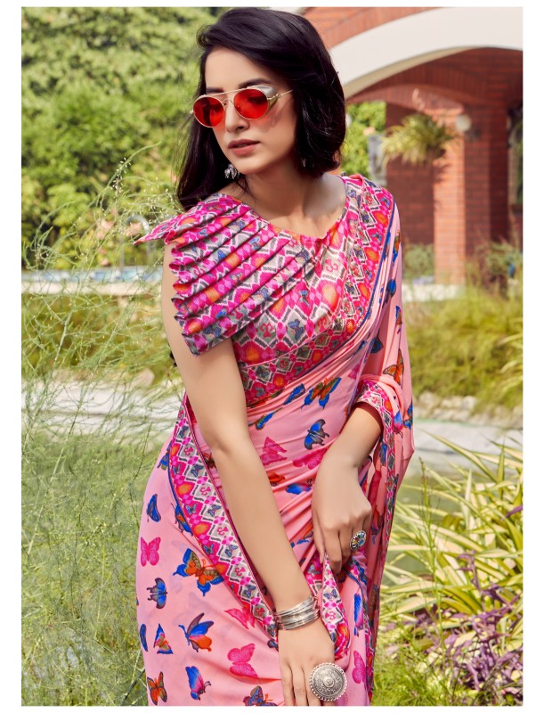Pink coloured georgette saree with digital printed blouse