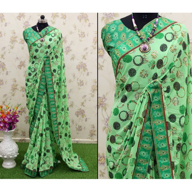 Georgette printed saree with digital printed border and blouse