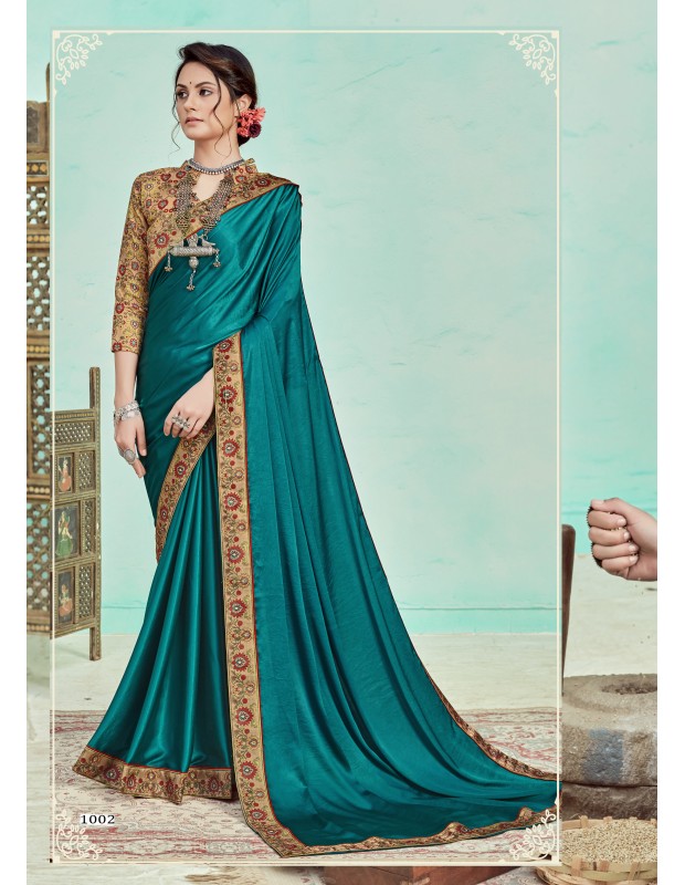 Teal coloured satin saree with digital printed border