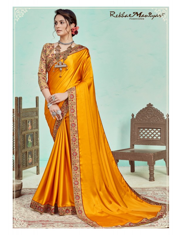 Yellow coloured satin saree with digital printed border