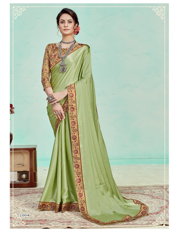Mint Green coloured satin saree with digital printed border