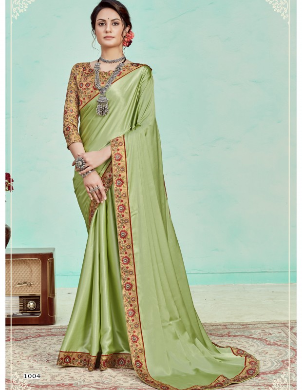 Mint Green coloured satin saree with digital printed border
