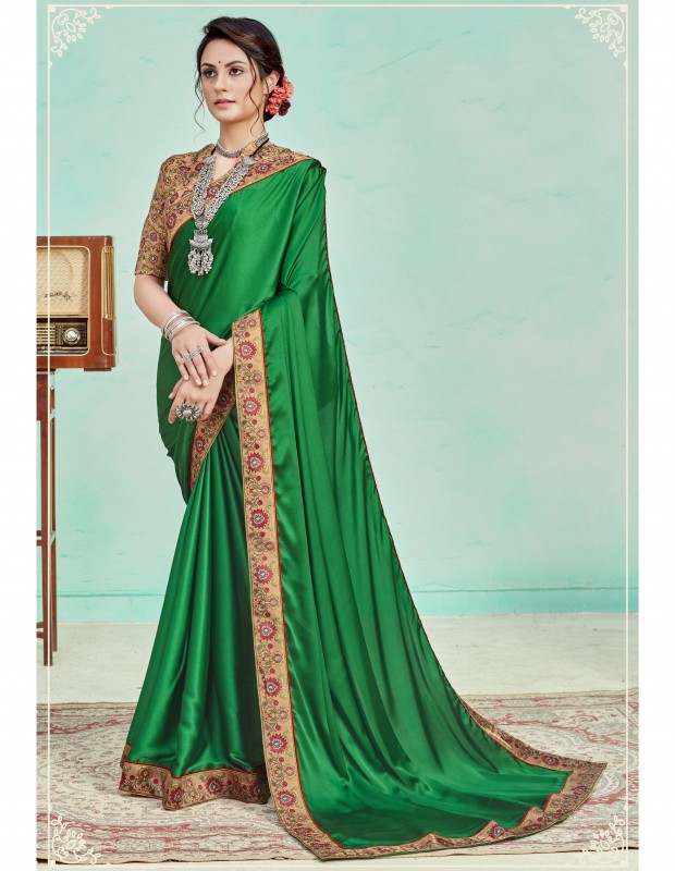 Bottle green coloured satin saree with digital printed border 