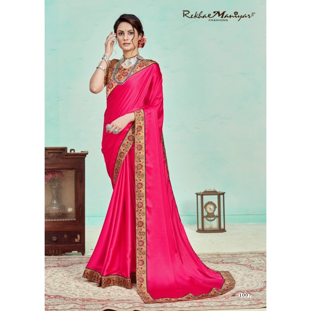 Pink coloured satin saree with digital printed border