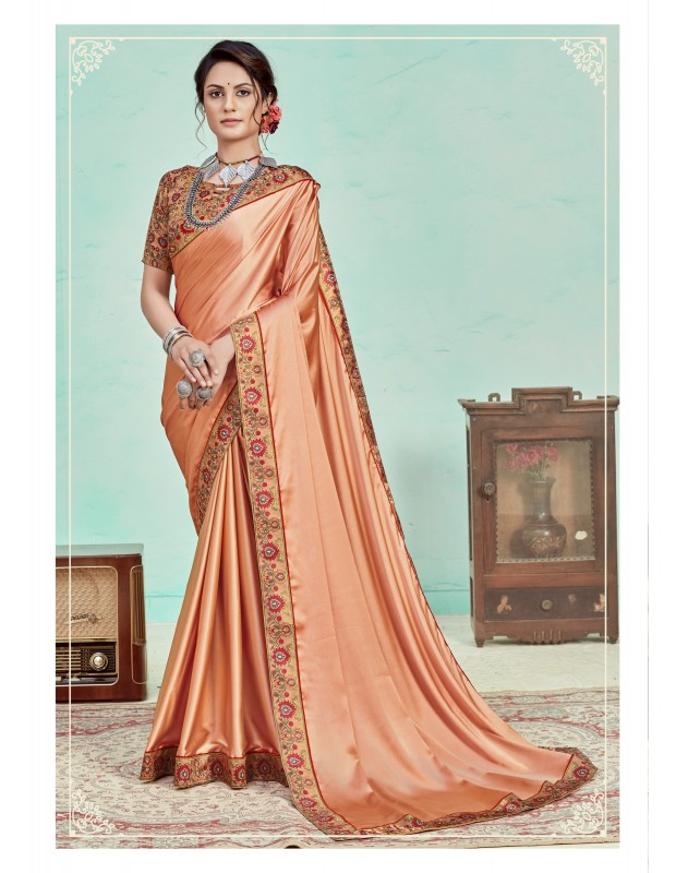 Peach coloured satin saree with digital printed border