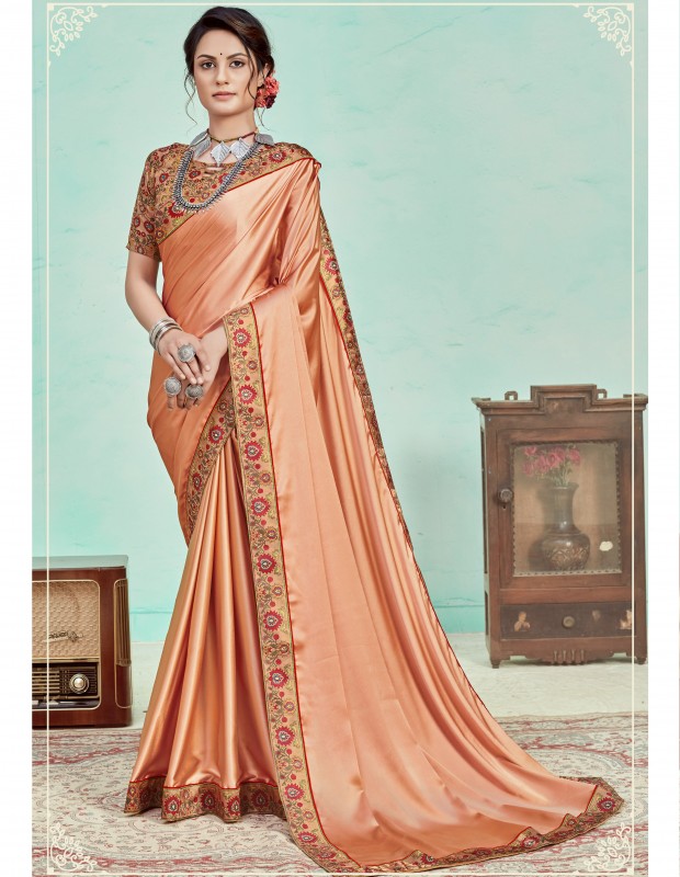 Peach coloured satin saree with digital printed border
