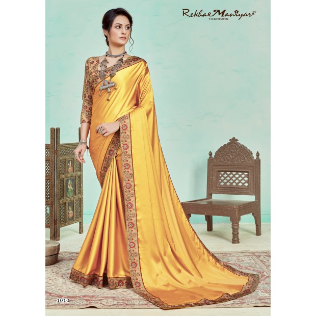 Yellow coloured satin saree with digital printed border