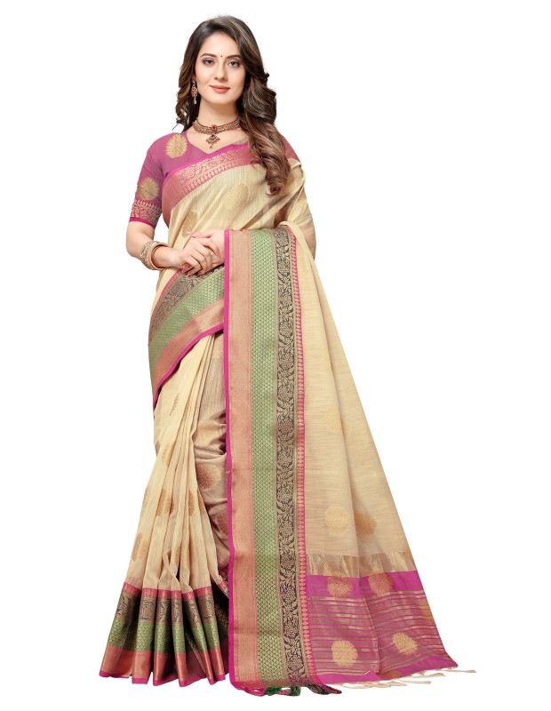 Beige coloured exclusive handloom double zari linen silk weaved saree