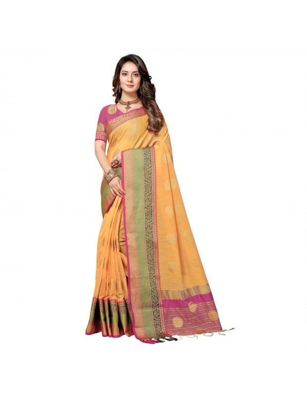 Orange coloured exclusive handloom double zari linen silk weaved saree
