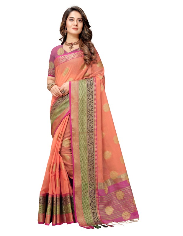 Coral pink coloured exclusive handloom double zari linen silk weaved saree