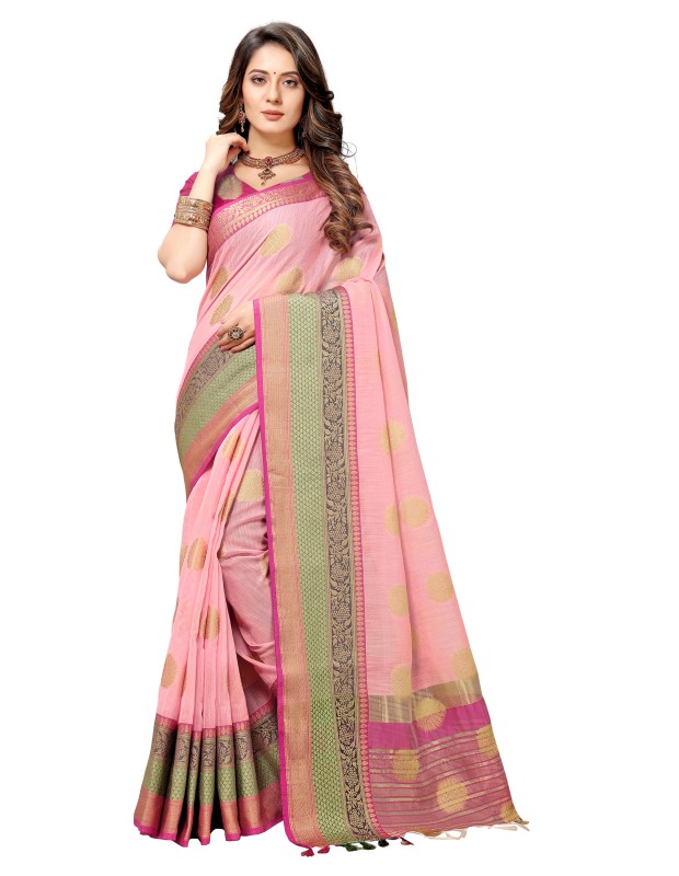 Pink coloured exclusive handloom double zari linen silk weaved saree