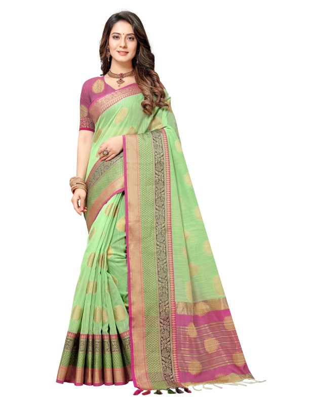 Mint-green coloured exclusive handloom double zari linen silk weaved saree