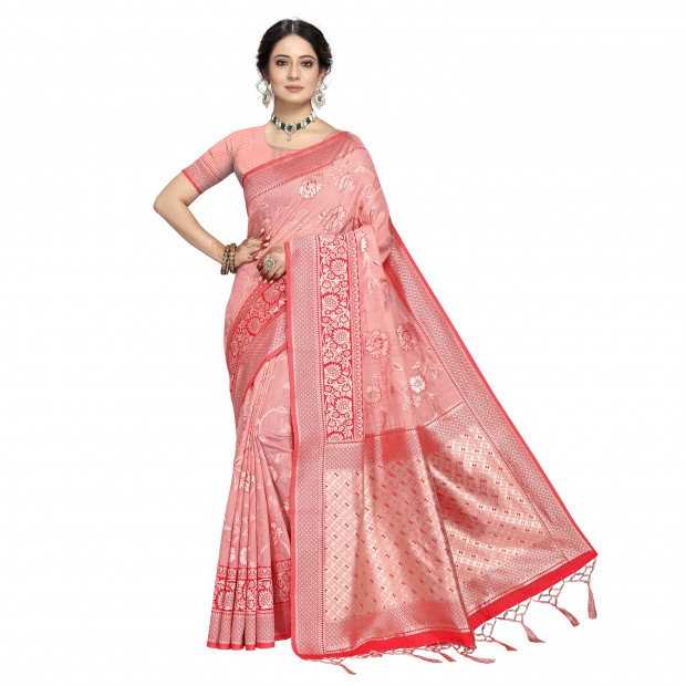 Pink coloured banarasi silk saree with blouse