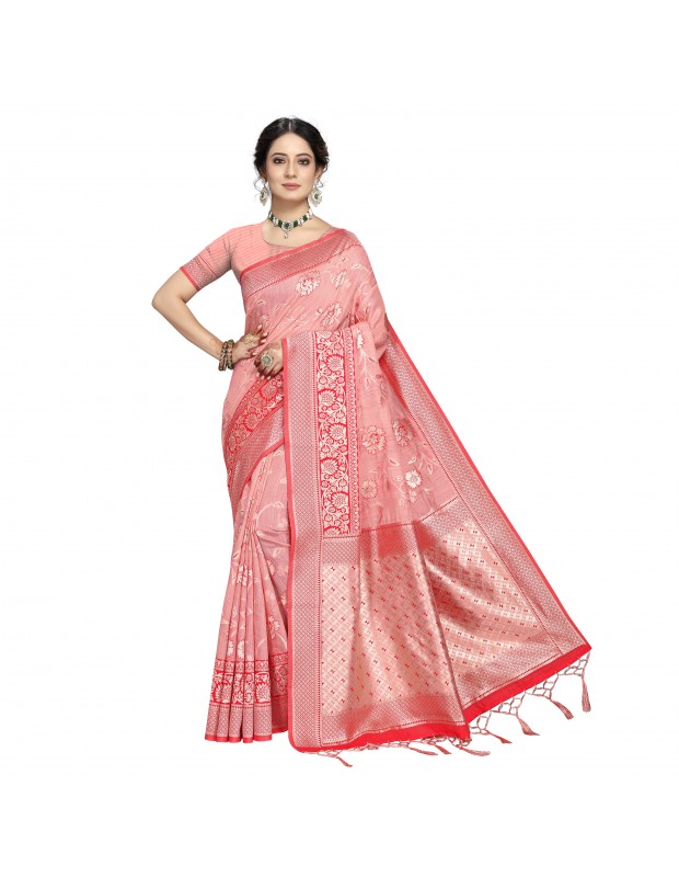 Pink coloured banarasi silk saree with blouse