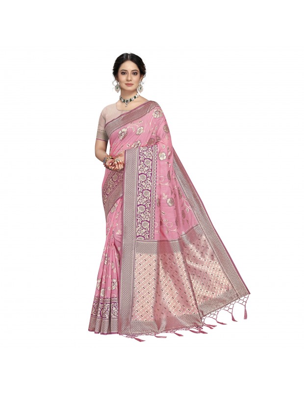 Rani coloured banarasi silk saree with blouse