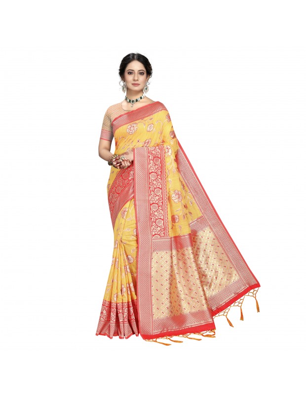 Yellow coloured banarasi silk saree with blouse
