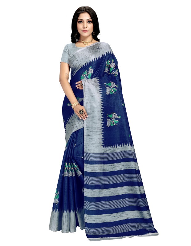 Khadisilk material navyblue colour kalamkari printed saree