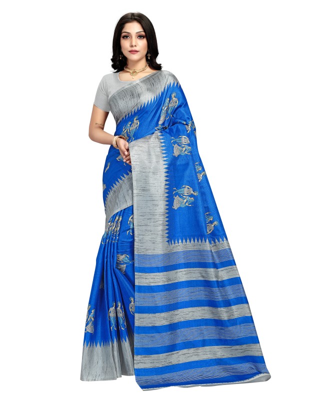 Khadisilk material blue colour kalamkari printed saree