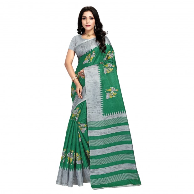 Khadisilk material green colour kalamkari printed saree