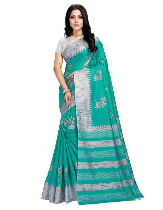 Khadisilk material Turquoise colour kalamkari printed saree