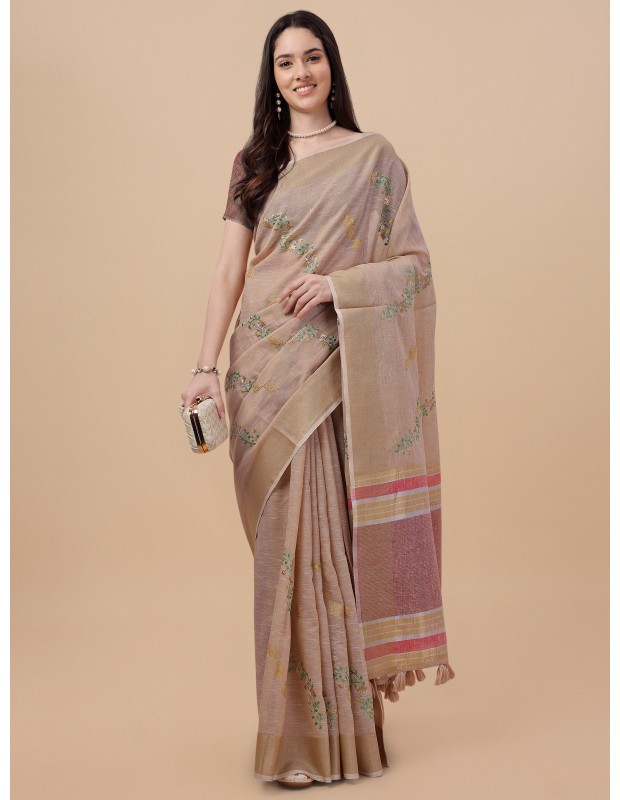 Beige coloured exquisite pure linen embroidered saree