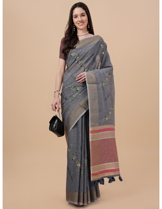 Grey coloured exquisite pure linen embroidered saree