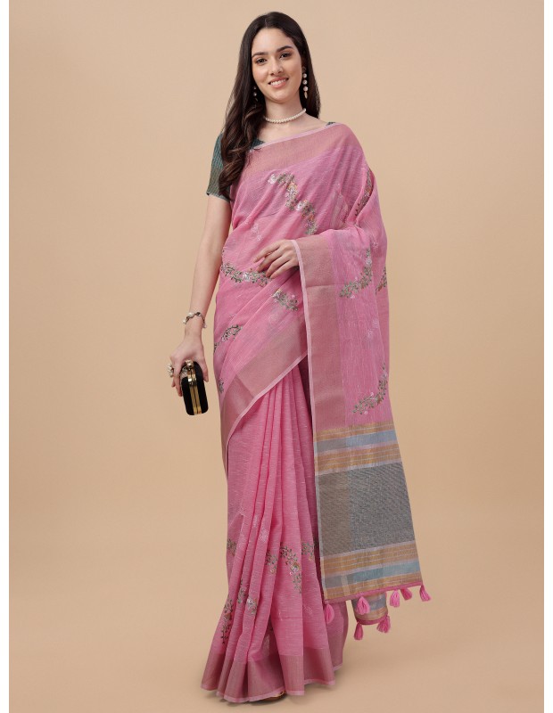 Pink coloured exquisite pure linen embroidered saree