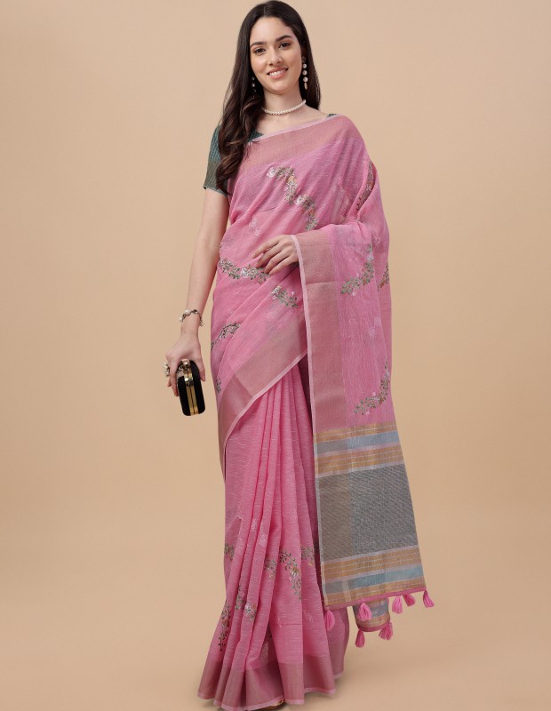 Pink coloured exquisite pure linen embroidered saree