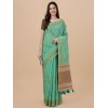 Teal coloured exquisite pure linen embroidered saree