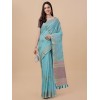 Blue coloured exquisite pure linen embroidered saree