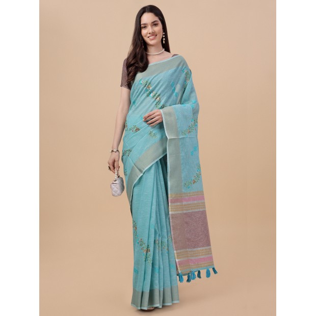 Blue coloured exquisite pure linen embroidered saree