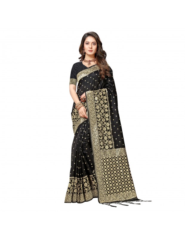 Black coloured powerloom weaved banarasi silk saree with  golden weaved pallu  & contrast tassels made with finest silk