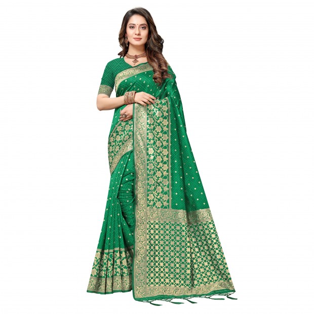 Green coloured powerloom weaved banarasi silk saree with  golden weaved pallu  & contrast tassels made with finest silk