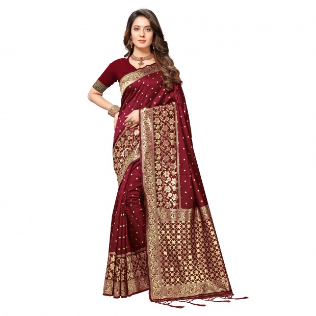 Maroon coloured powerloom weaved banarasi silk saree with  golden weaved pallu  & contrast tassels made with finest silk