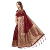 Maroon coloured powerloom weaved banarasi silk saree with  golden weaved pallu  & contrast tassels made with finest silk