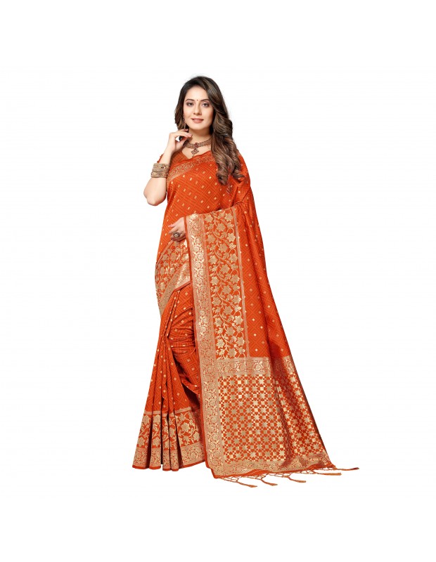 Orange coloured powerloom weaved banarasi silk saree with  golden weaved pallu  & contrast tassels made with finest silk