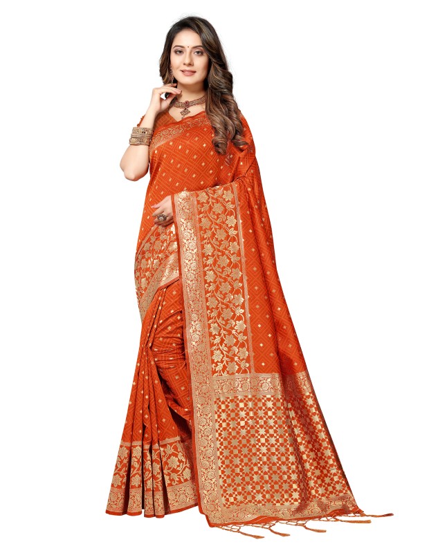 Orange coloured powerloom weaved banarasi silk saree with  golden weaved pallu  & contrast tassels made with finest silk