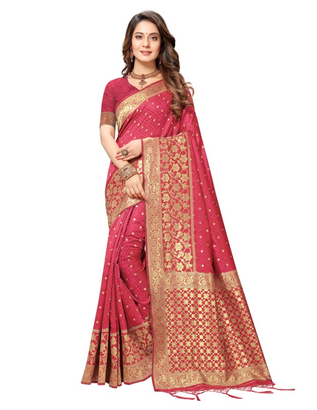 Pink coloured powerloom weaved banarasi silk saree with  golden weaved pallu  & contrast tassels made with finest silk