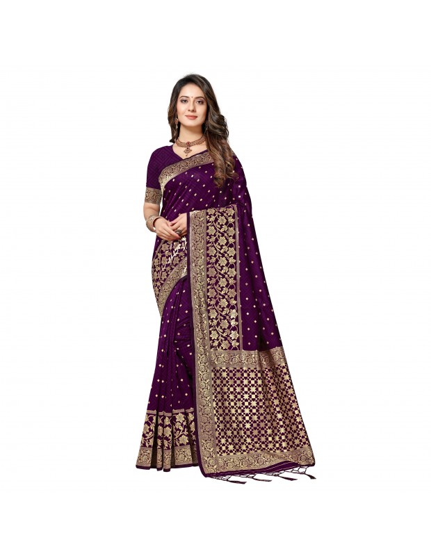 Purple coloured powerloom weaved banarasi silk saree with  golden weaved pallu  & contrast tassels made with finest silk