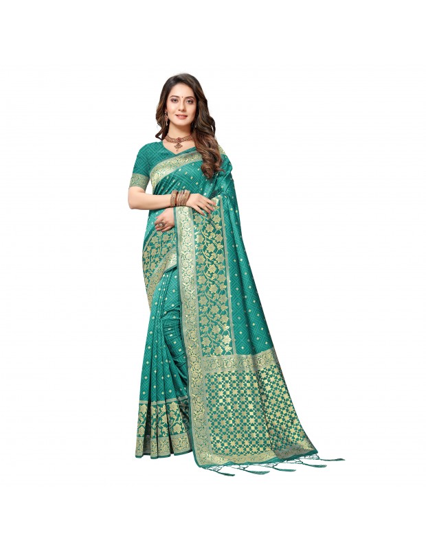 Turquoise coloured powerloom weaved banarasi silk saree with  golden weaved pallu  & contrast tassels made with finest silk
