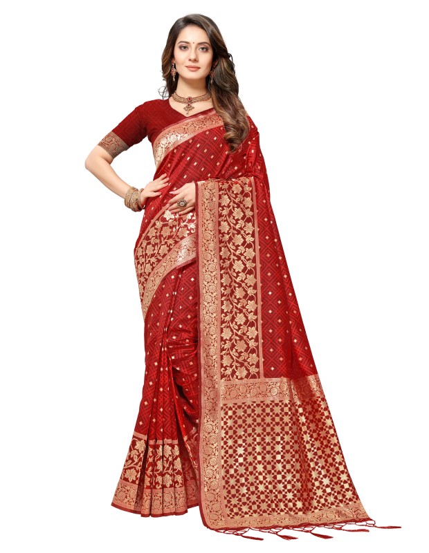 Red coloured powerloom weaved banarasi silk saree with  golden weaved pallu  & contrast tassels made with finest silk