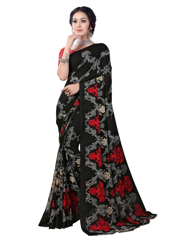 Rekha Maniyar Women's Georegette Saree With Floral Print And Unstitched Blouse
