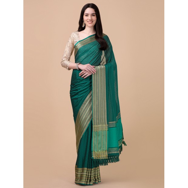 Teal coloured diamond silk bollywood saree with heavy blouse