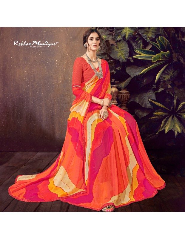 Orange coloured georgette printed saree for women