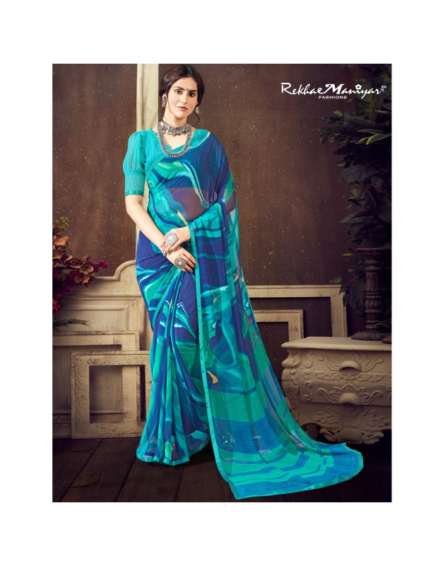 Blue coloured georgette printed saree for women