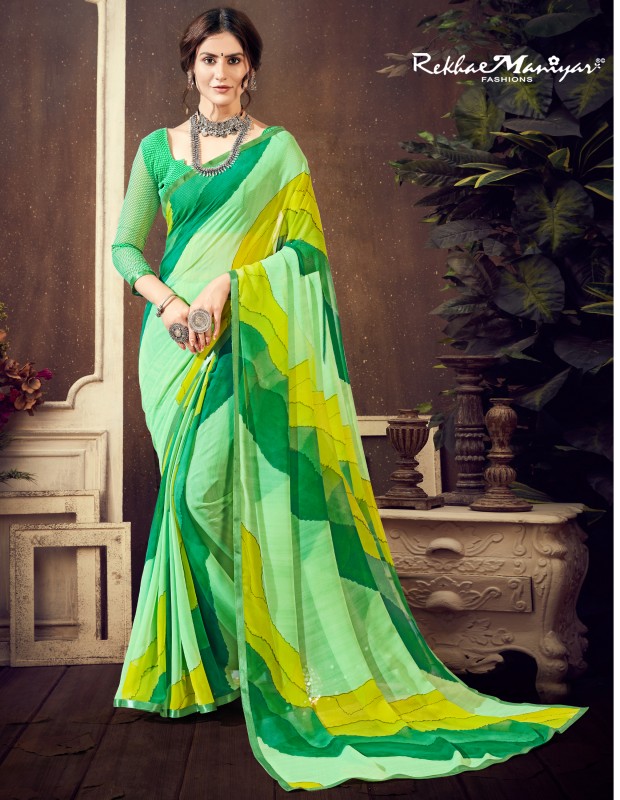 Mint green coloured georgette printed saree for women